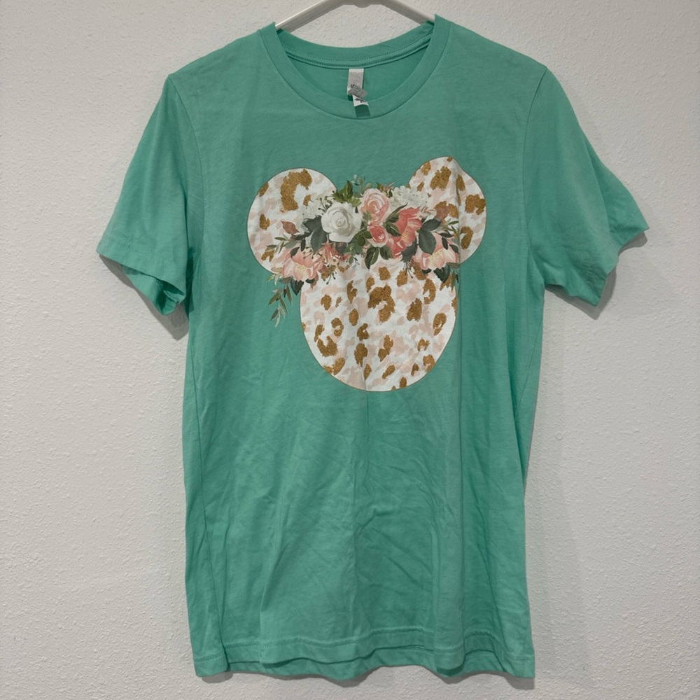 Women’s Medium Teal Mickey Mouse Floral Disney Short Sleeve T-Shirt